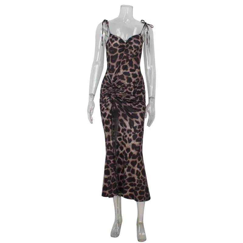 Robes imprimées léopard pour femmes, vêtements de fête Sexy, Spaghetti, fente latérale haute, col en