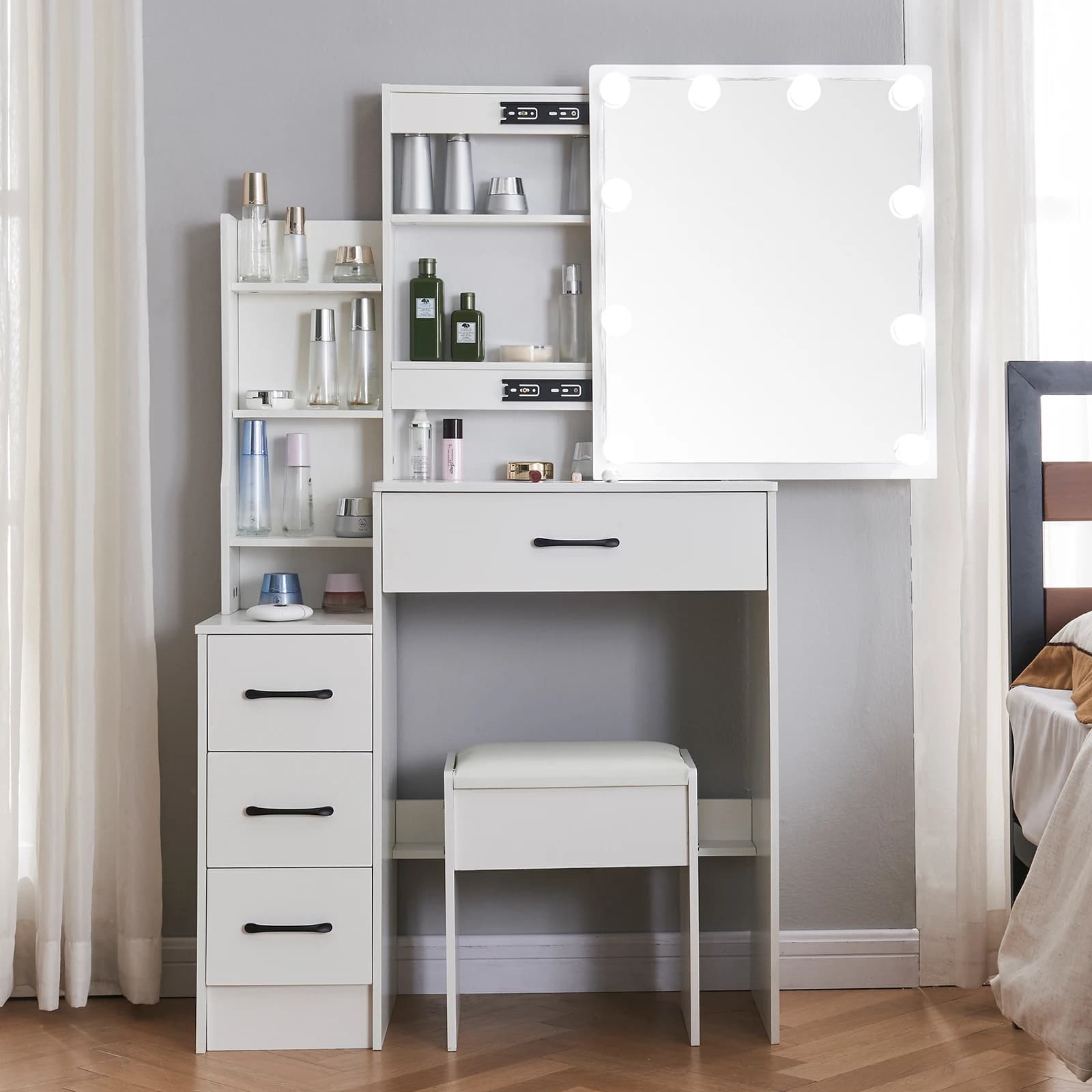 Commode avec miroir à ampoule LED, ensemble de vanité avec 4 portes de proximité, 3 motifs lumineux 