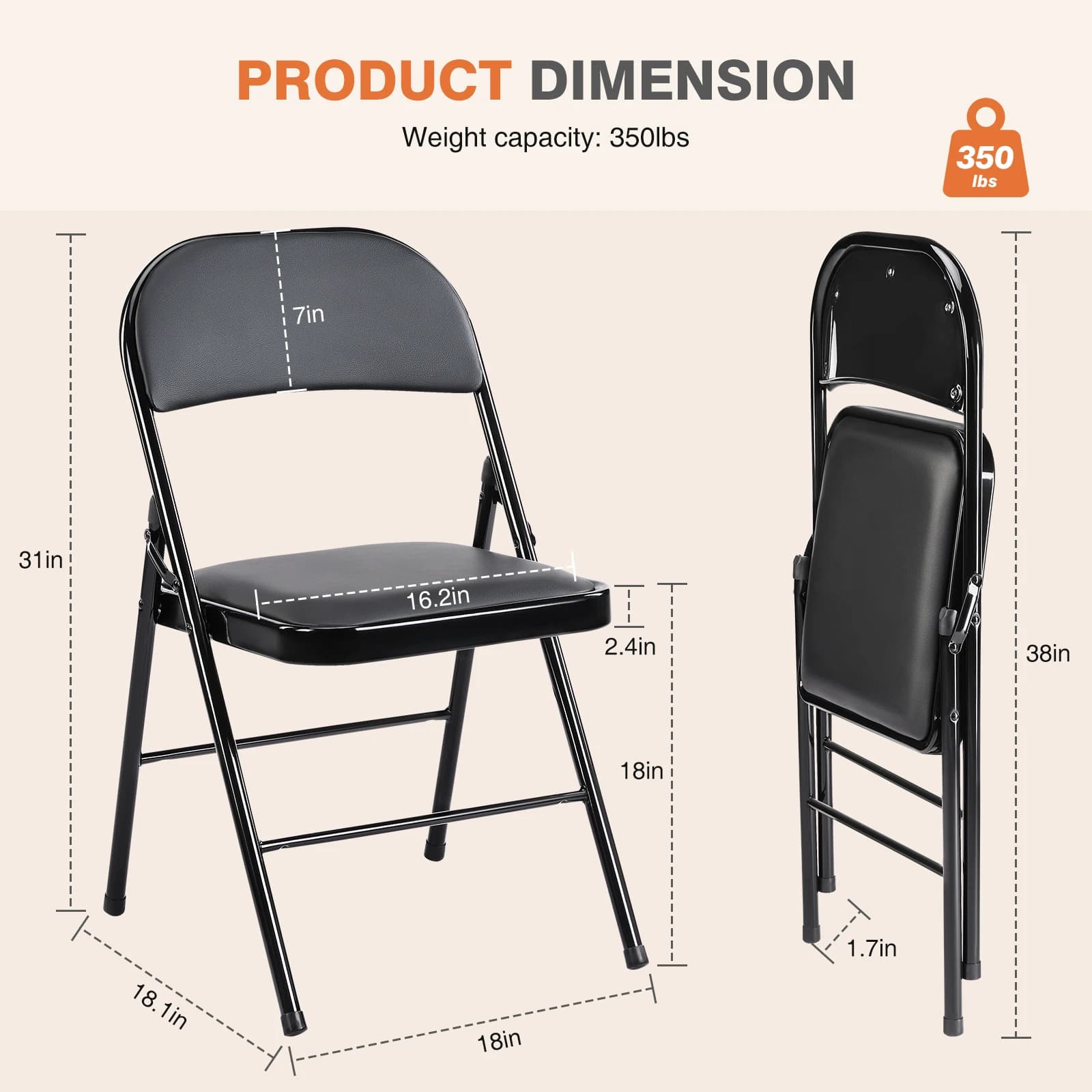 JIAN-Lot de 4 chaises pliantes rembourrées en cuir, en métal robuste, facile à utiliser, rangement, 