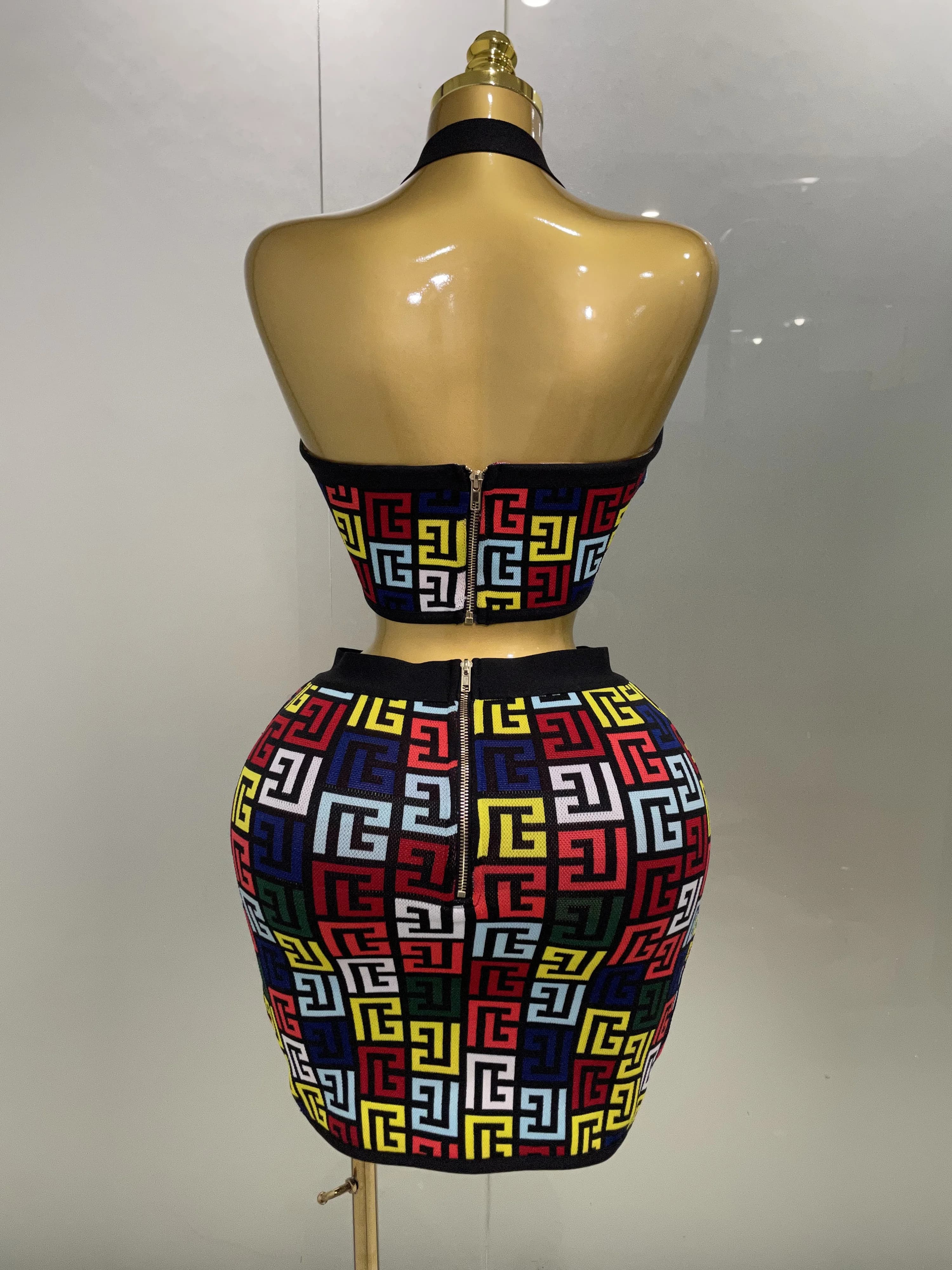 Femmes 2025 nouveau Sexy dos nu licou Jacquard deux pièces Mini jupe ensemble de bandes célébrité co