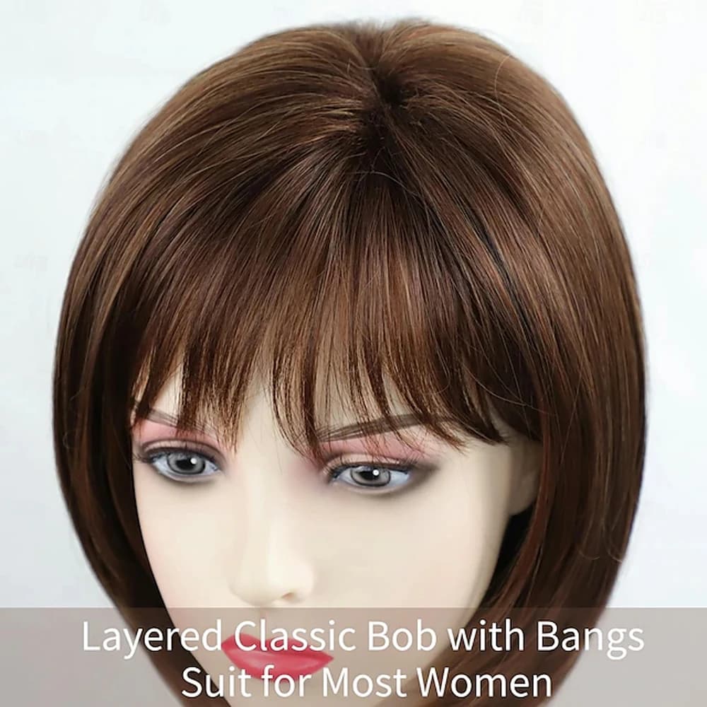HAIRJOY – perruque Bob synthétique courte brune avec frange pour femmes, perruque de fête quotidienn