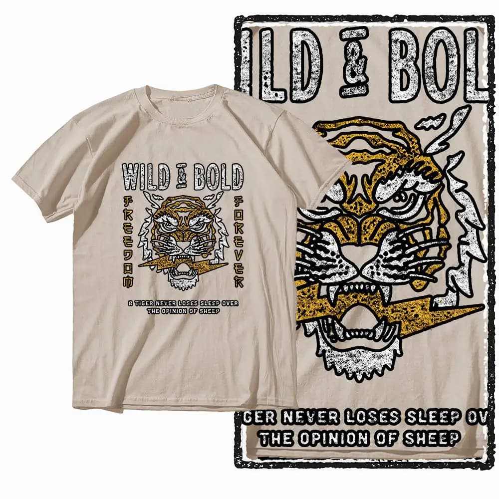G41 Beige Vintage 100% coton T-shirt imprimé tigre pour hommes |    T-shirt col rond pour hommes, St