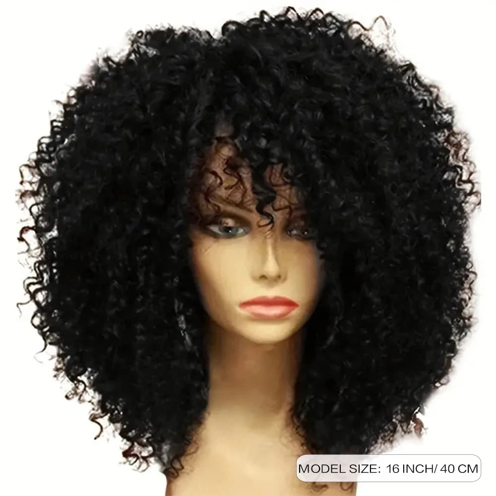 Perruques Afro crépues bouclées avec frange, 16 pouces, en Fiber synthétique douce et moelleuse, san
