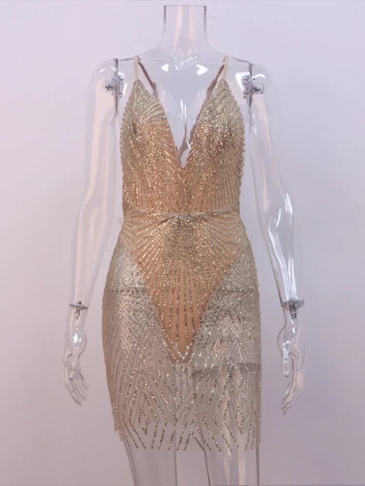 OMSJ – Mini robe Sexy à paillettes scintillantes, dos nu, épaules dénudées, transparente, bretelles 