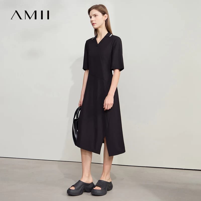 Amii minimalisme robe 2025 été nouvelles femmes revers col en v à manches courtes tricot taille bure