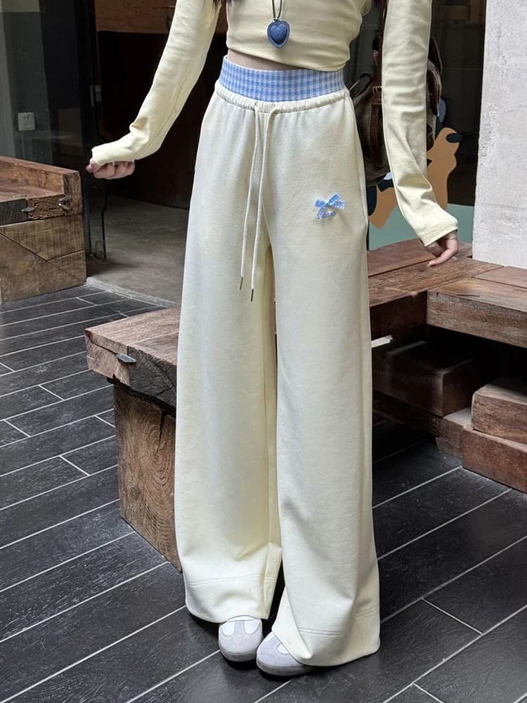 Vintage mignon nœud pantalons décontractés femmes Plaid Patchwork taille haute pantalon à jambes lar