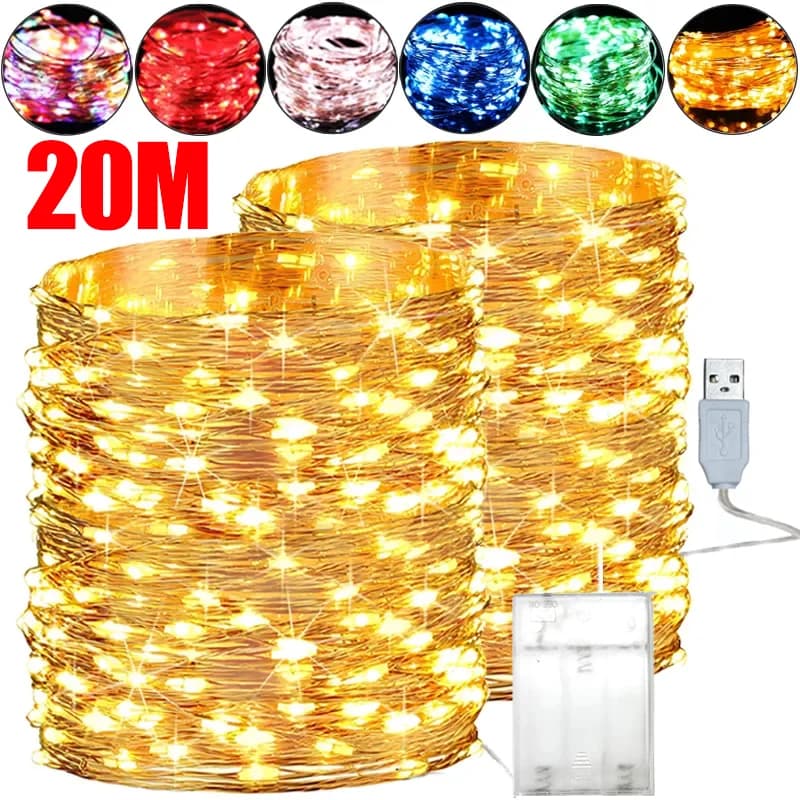 Guirlande lumineuse LED USB/batterie de 20M, fil de cuivre et d'argent, guirlande lumineuse féerique