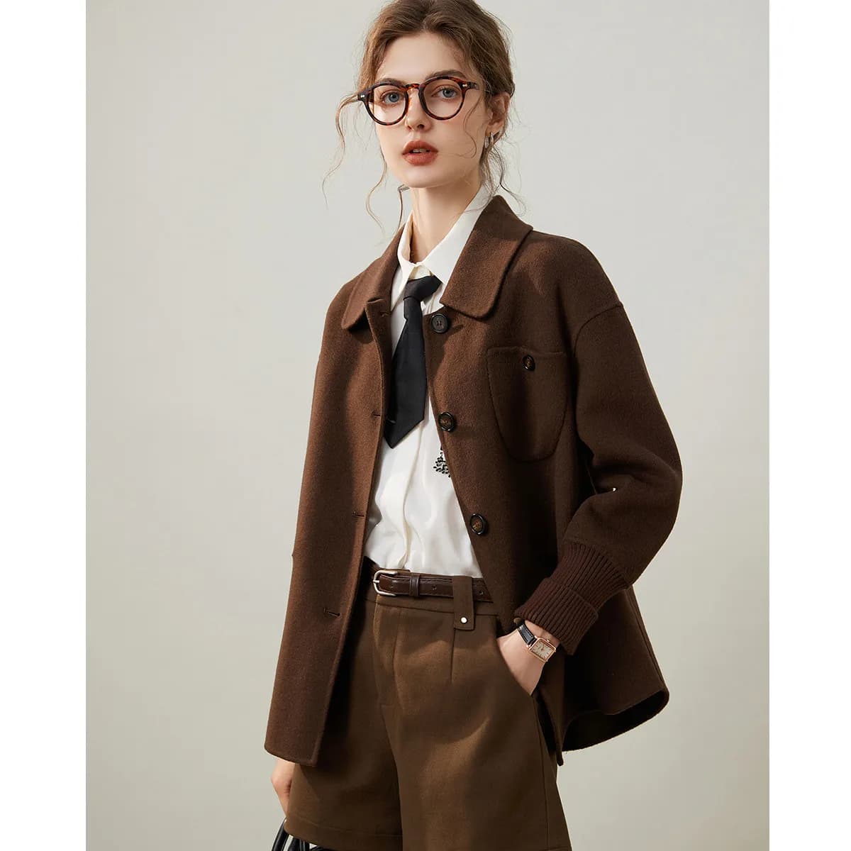 Modiis Yao-Manteau en laine double face pour femme, manteau en laine à manches longues, revers à la 