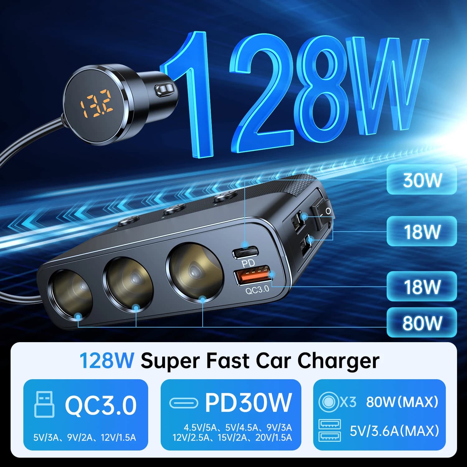 Répartiteur de chargeur de voiture 7 en 1, 127w PD30w QC3.0 adaptateur allume-cigare de voiture avec
