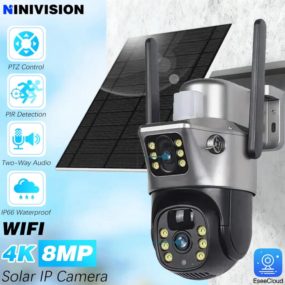 Caméra solaire WiFi 4K 8MP 5G et 2.4GHZ, double objectif, double écran, vidéosurveillance, détection
