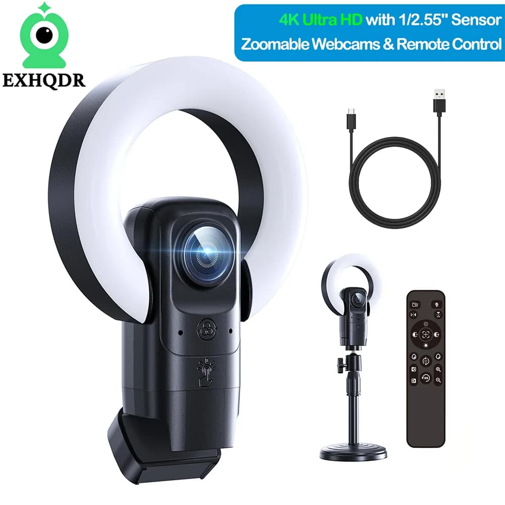 Webcam EXHQDR True 4K pour Streaming avec Anneau Lumineux, Autofocus, Verrouillage de la Mise au Poi