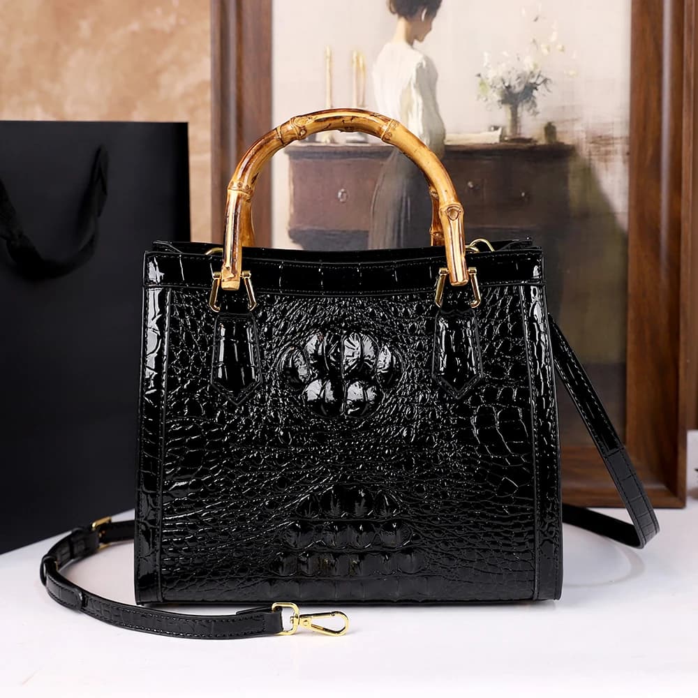 2025 Nouveau sac pour maman d'âge moyen à motif crocodile, sac à main à poignée articulée en bambou 