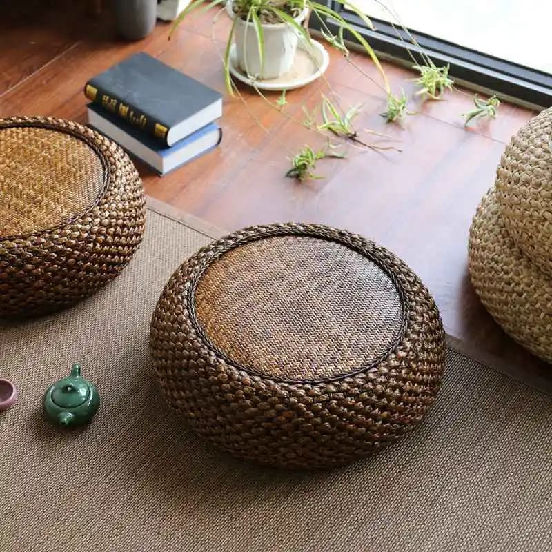 Coussin en rotin de paille, Pouf de siège de sol fait à la main, repose-pieds ottoman en paille tric