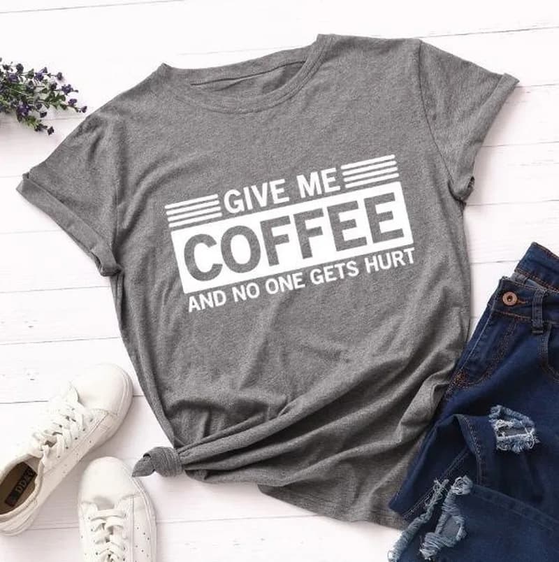 T-shirt manches courtes col rond pour femme, estival et estival, avec lettres imprimées "Give Me Cof