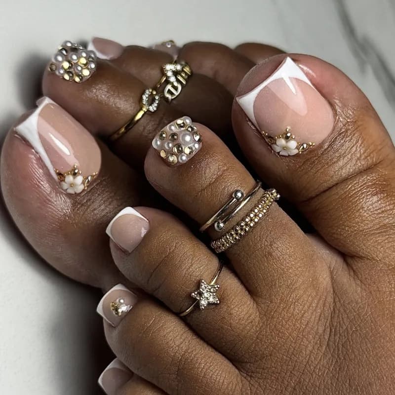 Faux ongles français pour orteils, avec cœur, Design strass, bord blanc, presse d'été sur les ongles