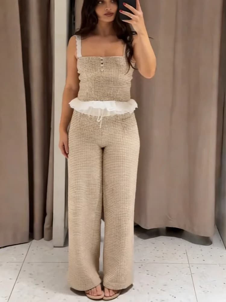 Ensemble décontracté élégant 2 pièces pour femme : Haut court à bretelles fines et volants, pantalon