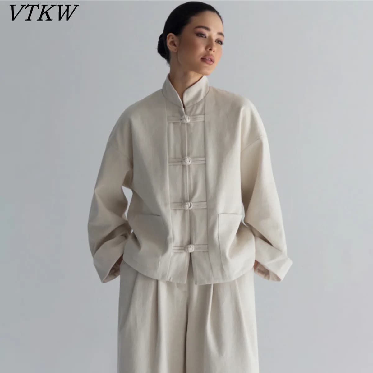VTKW 2026 Nouvel ensemble veste et pantalon pour femme style chinois, col mandarin, boutons grenouil