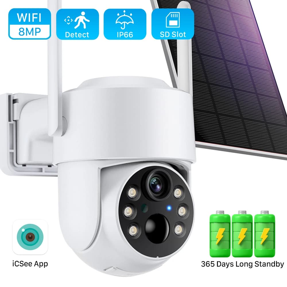 Caméra solaire sans fil HD 8MP caméra IP WiFi extérieure PTZ batterie intégrée caméra de Surveillanc