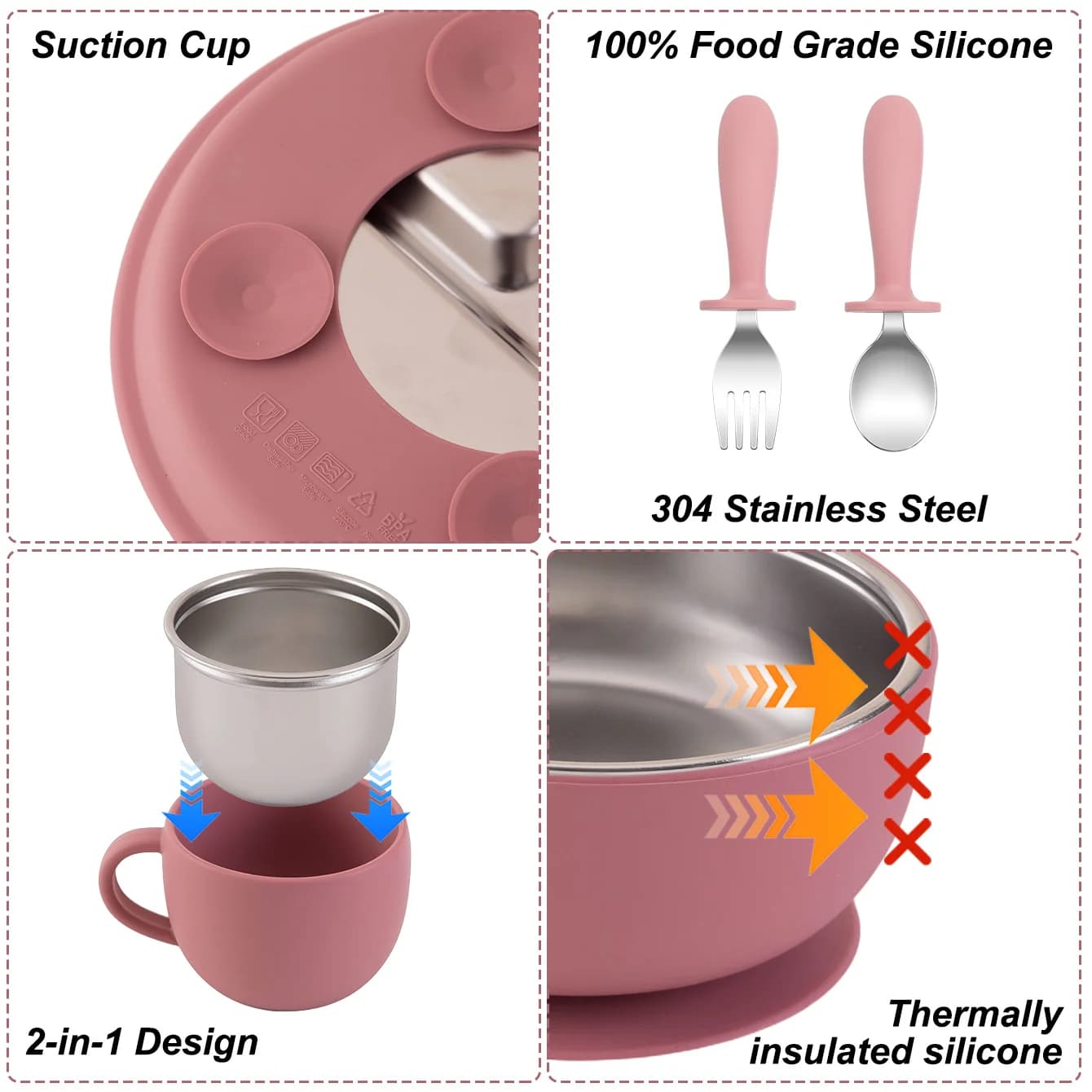 Couleur enfants 5 pièces ensemble d'alimentation pour bébé en acier inoxydable vaisselle en Silicone