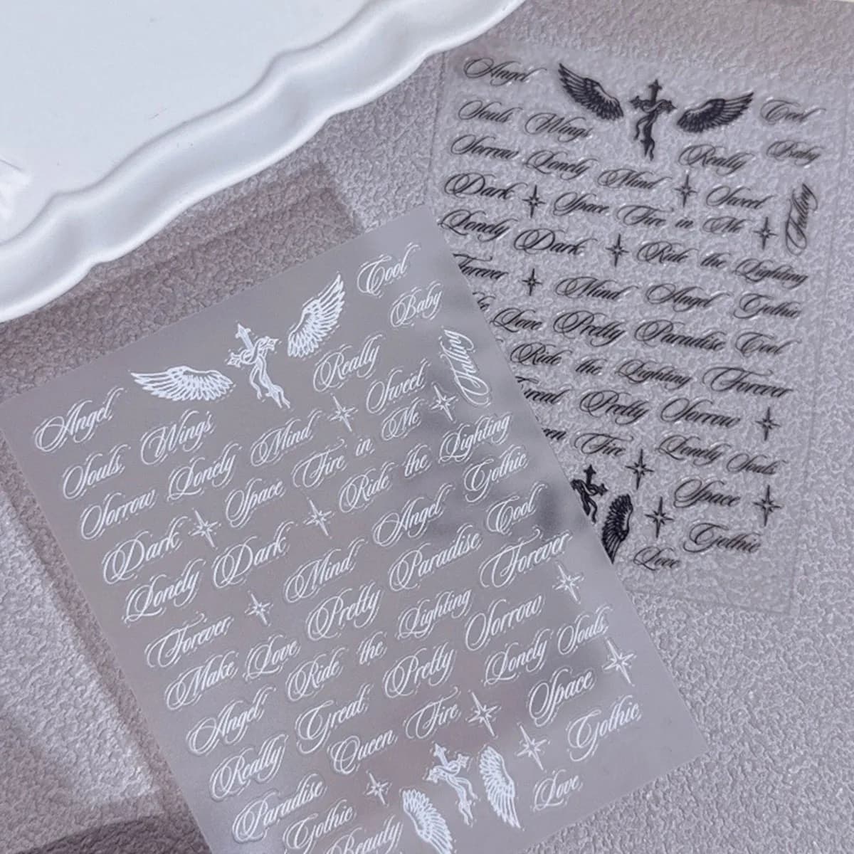 Autocollants pour ongles avec lettres noires et blanches, motifs d'ailes d'ange, designs mixtes, aut