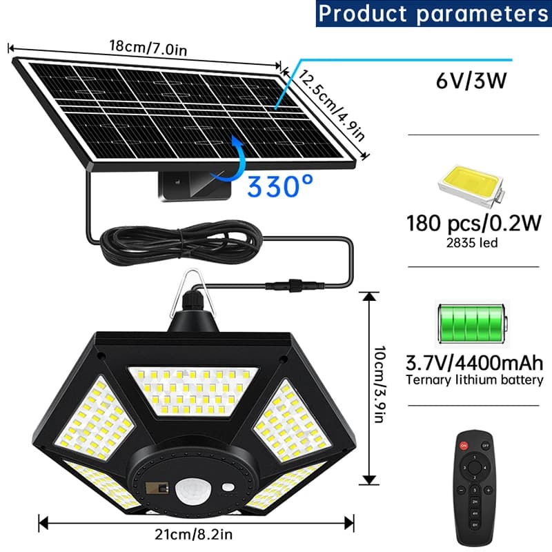 Lampe Solaire Suspendue avec Télécommande, Éclairage d'Intérieur et d'Extérieur à 180LED et 5 Modes 