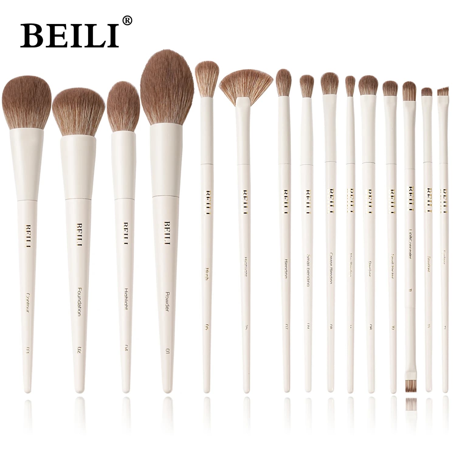 BEILI 15 pièces ensembles de pinceaux de maquillage Beige brosse à cheveux synthétiques fond de tein