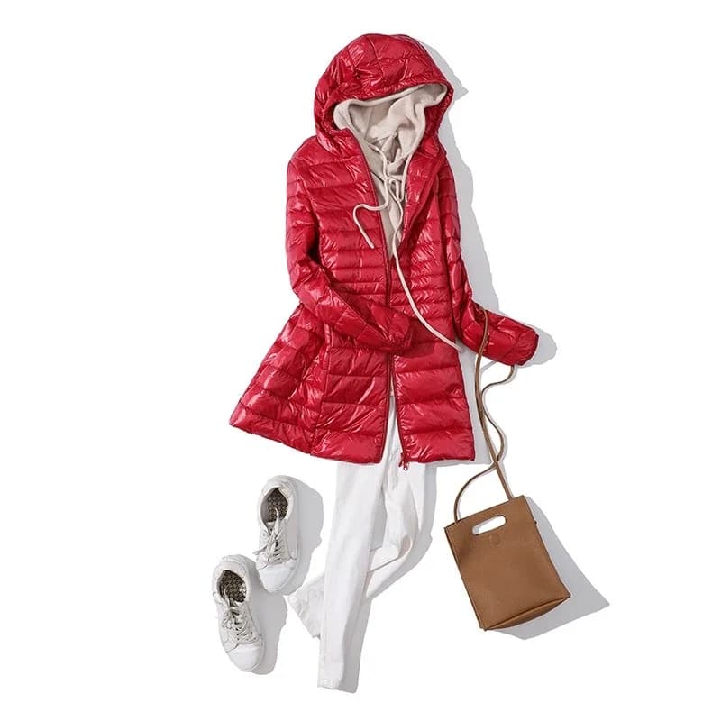 Doudoune Longue Chaude et Légère pour Femme, Manteau à Capuche, avec Sac de Rangement Portable, Long