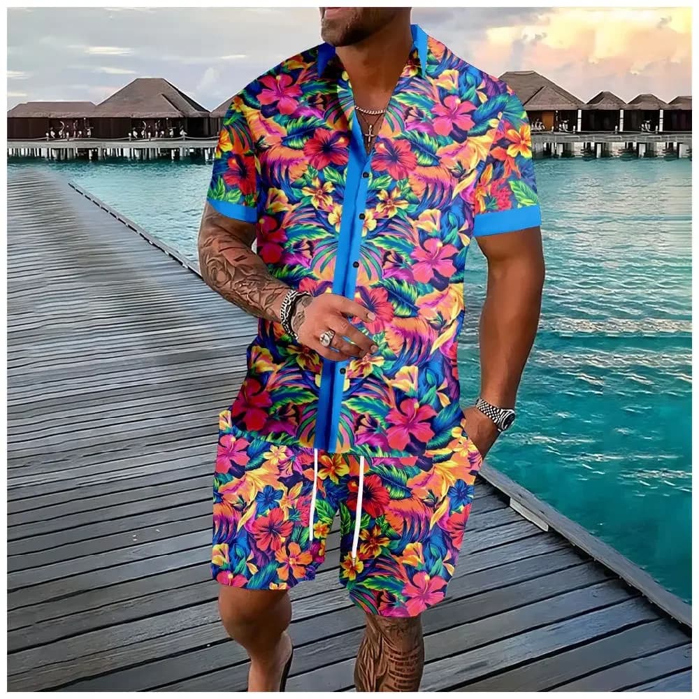 Chemise hawaïenne flamant cocotier impression 3d chemise à manches courtes + Short 2 pièces ensemble