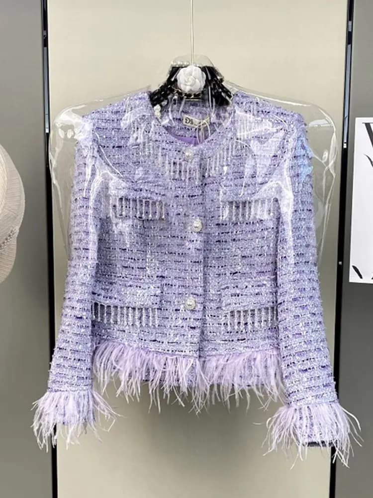 Violets élégants en tweed pour femmes, veste à pompon perlé en plumes à simple boutonnage, short tai