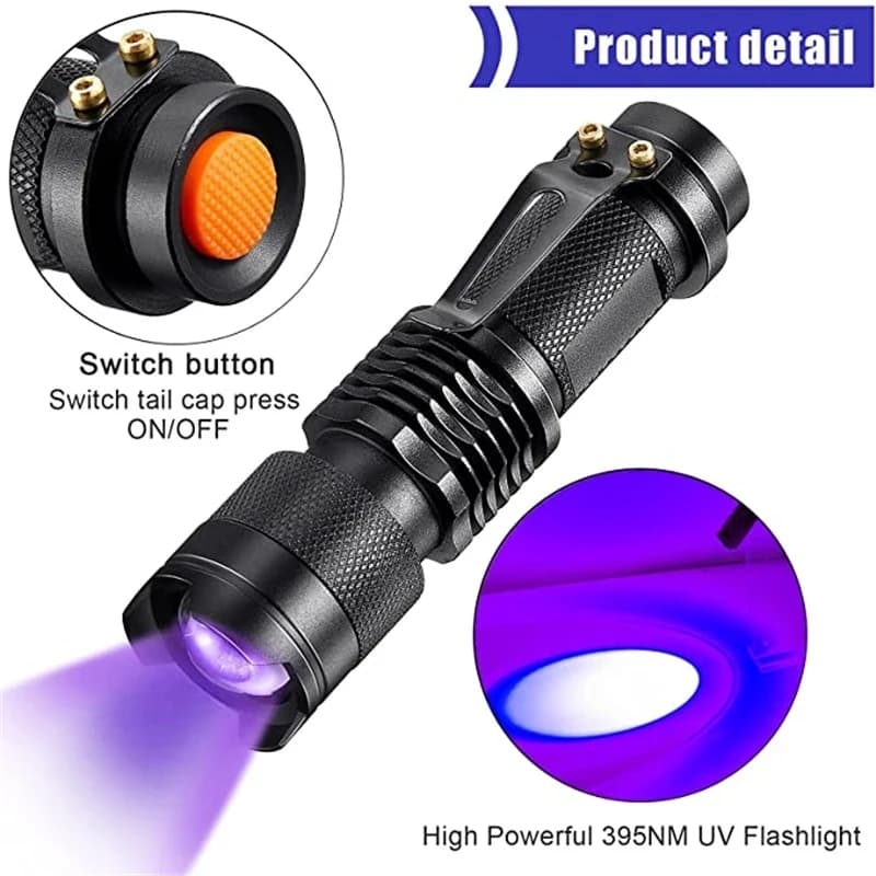 Lampe de poche LED UV portable, 365 nm, 395nm, mini torche ultraviolette, étanche, zoomable, verre, 