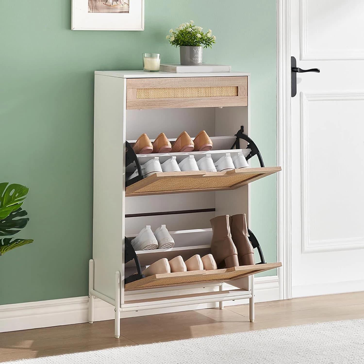 Armoire à chaussures cachée en rotin avec 2 portes rabattables, 1 tiroir, rangement de chaussures d'