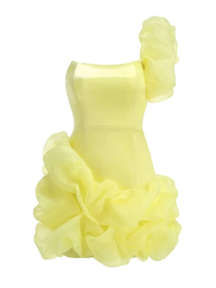 Robe de soirée jaune à volants pour femme, mini batterie, coton, sexy, élégante, club, fête, nouvell