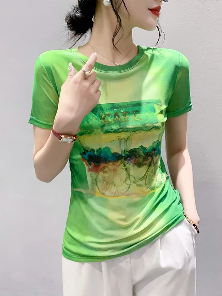 2023 été vert maille T-Shirts fille mode situé impression O cou à manches courtes t-shirt dame haute