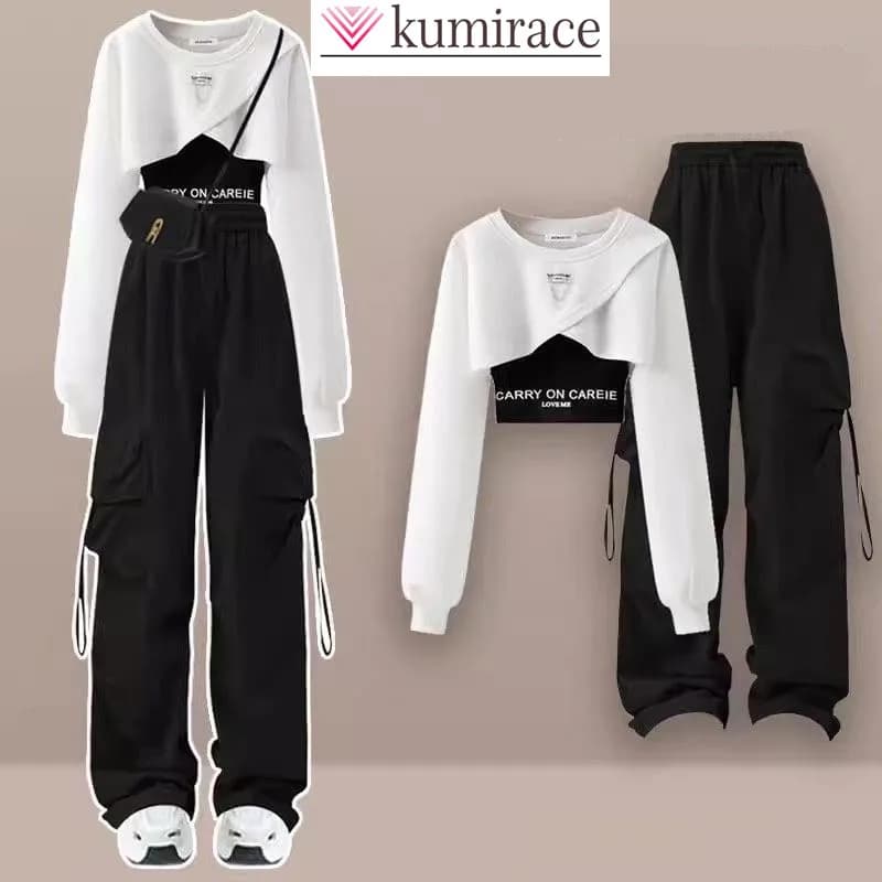 Style coréen Patchwork T-shirt à manches longues pantalon de travail pantalon à jambes larges deux p