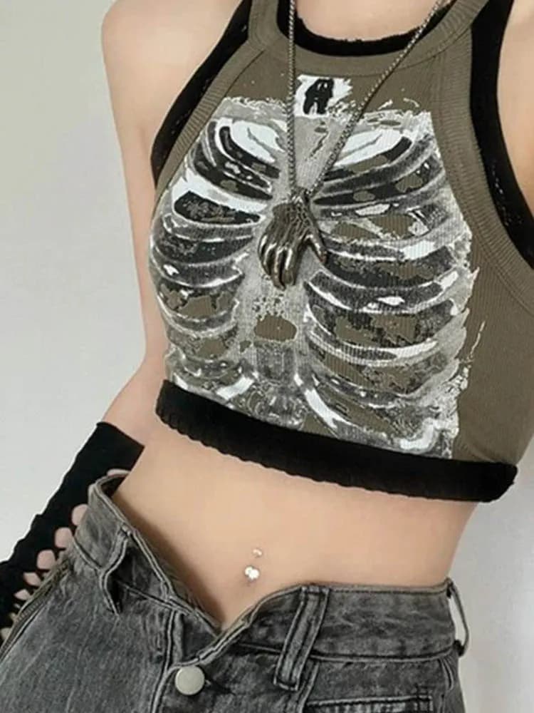 Punk Aesthetic Cyber Retro X-Ray Modules for Women, Rib Print, FibroArmyGreen Crop Top, Designer Clo