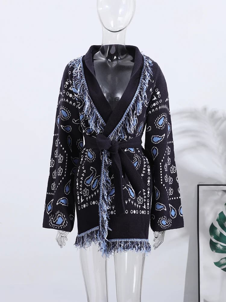 Cardigan imprimé Vintage avec pompons pour femme, col en v, manches longues, pull épissé, assorti av