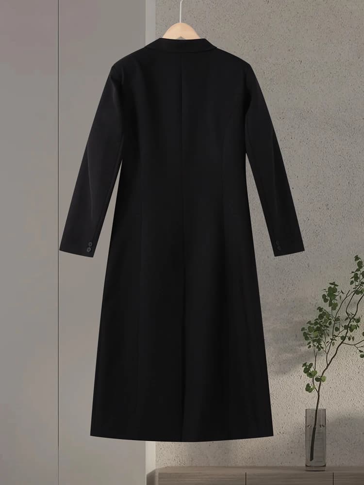 Blazer long noir pour femme, style bureau, manches longues, col rabattu, tunique, simple boutonnage,