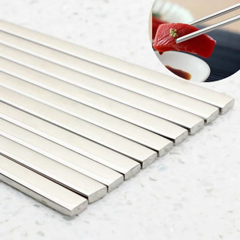 Baguettes plates chinoises coréennes, 5 paires, bâtons en acier inoxydable de haute qualité, accesso