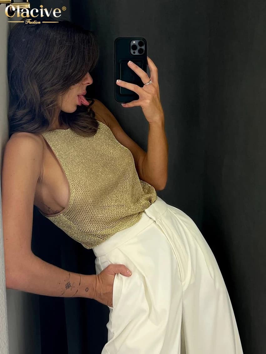 Clacive – débardeur Slim doré pour femmes, élégant, col rond, sans manches, Sexy, classique, vêtemen