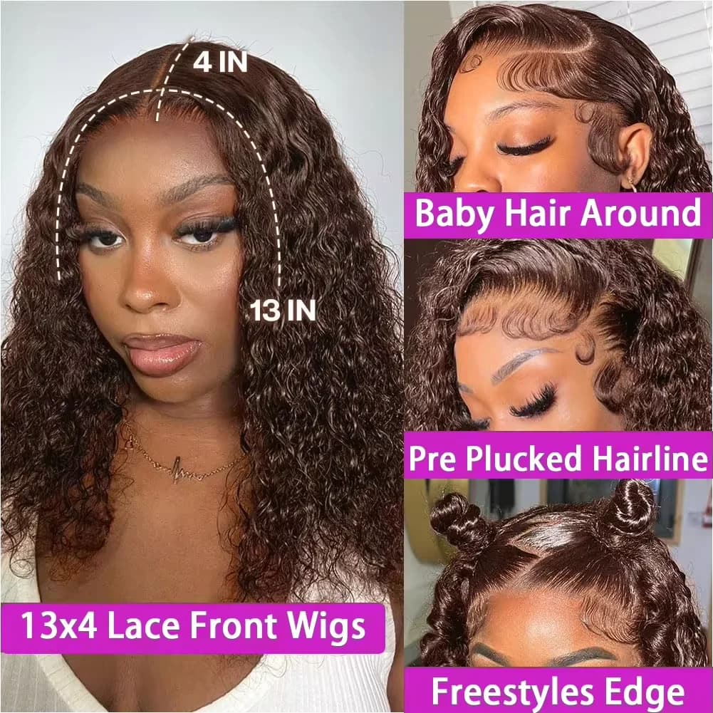 # 4 brun foncé vague profonde bouclés court Bob perruque de cheveux cheveux brésiliens chocolat brun