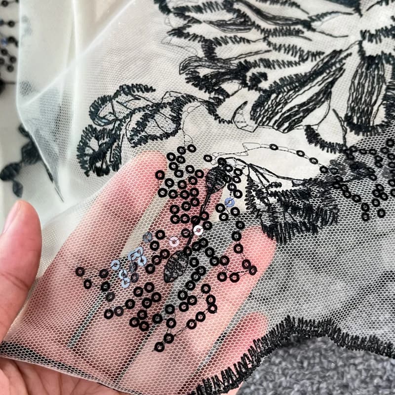 Robe de Soirée Sexy en Maille Brodée pour Femme, Col Montant, Manches Lanterne, Chic, Élégante, Tail