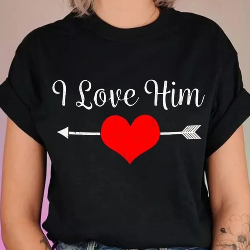 T-shirt col rond pour couple, estival et décontracté, avec I Love Him, King Queen, pour amoureux