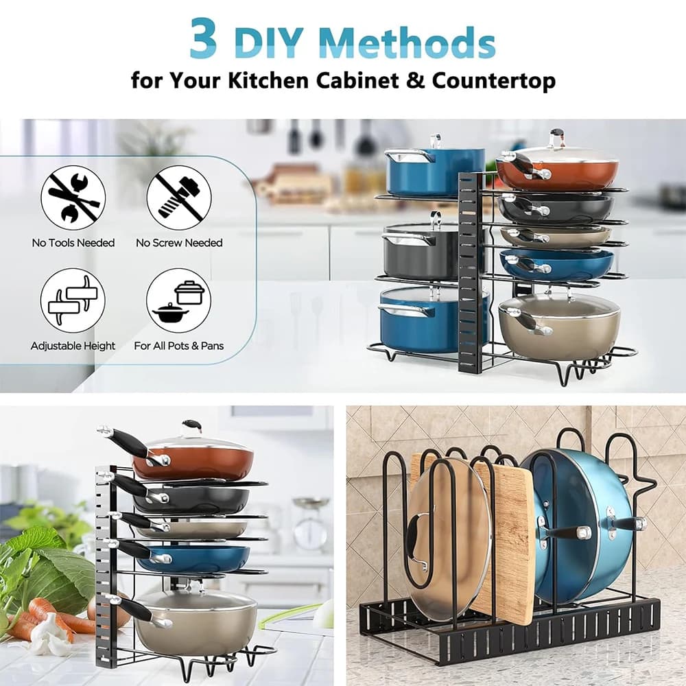 Support organisateur de casseroles à 8 niveaux, 3 méthodes de bricolage, armoire réglable, garde-man