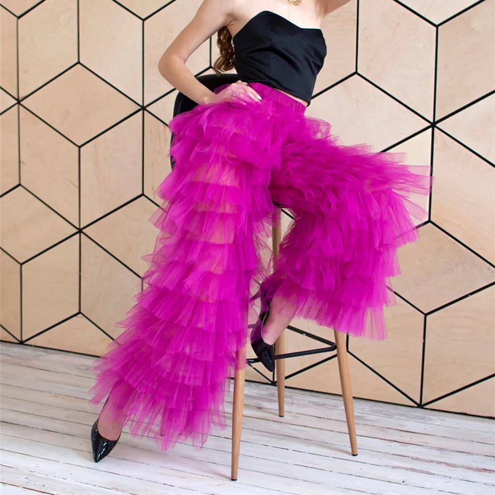 Pantalon en maille de tulle pour femme, pantalon à volants multicouches pour femme, taille haute, te