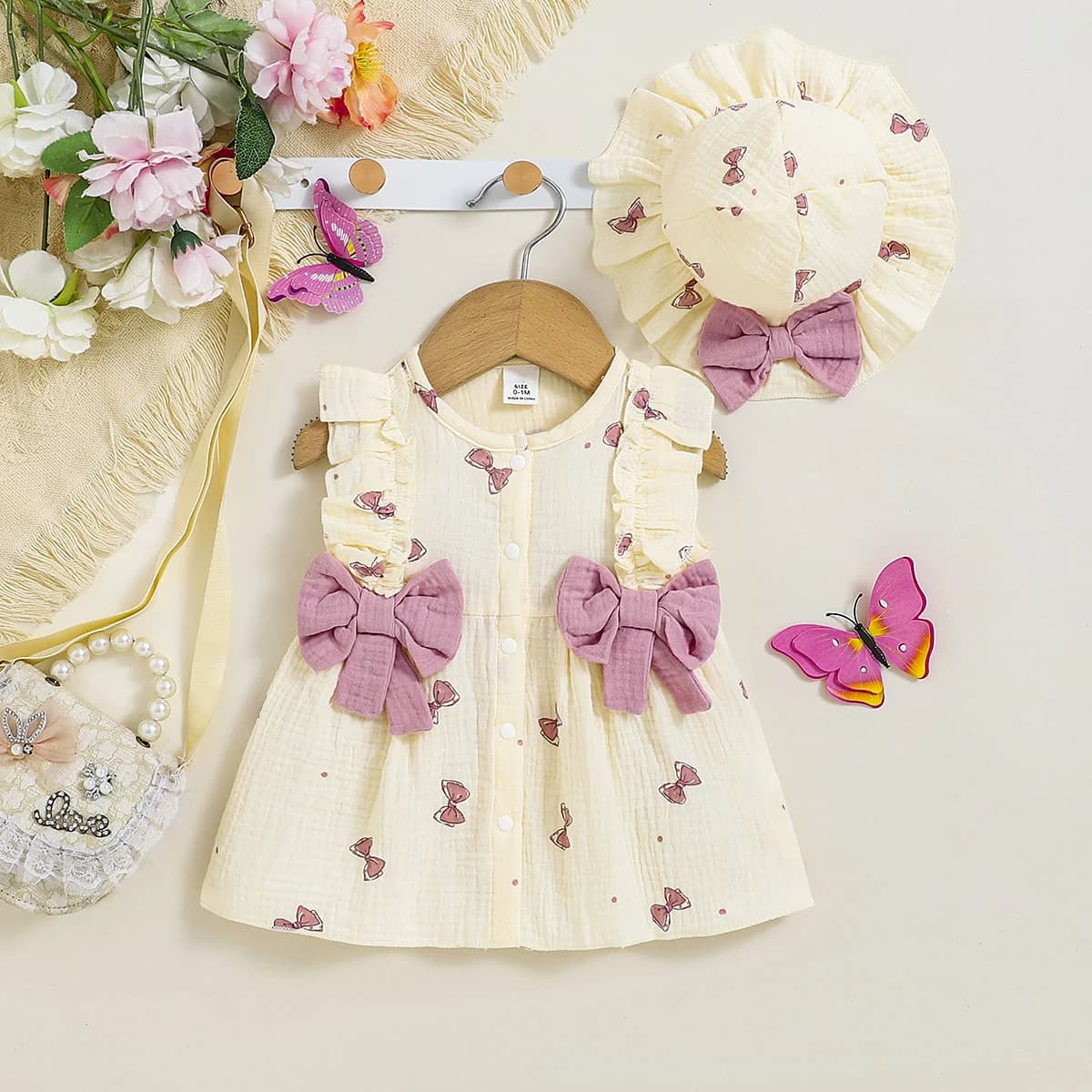 Robe pour bébé fille de 0 à 9 mois, 2 pièces, col rond, imprimé nœud, bord à volants, ensemble de ch