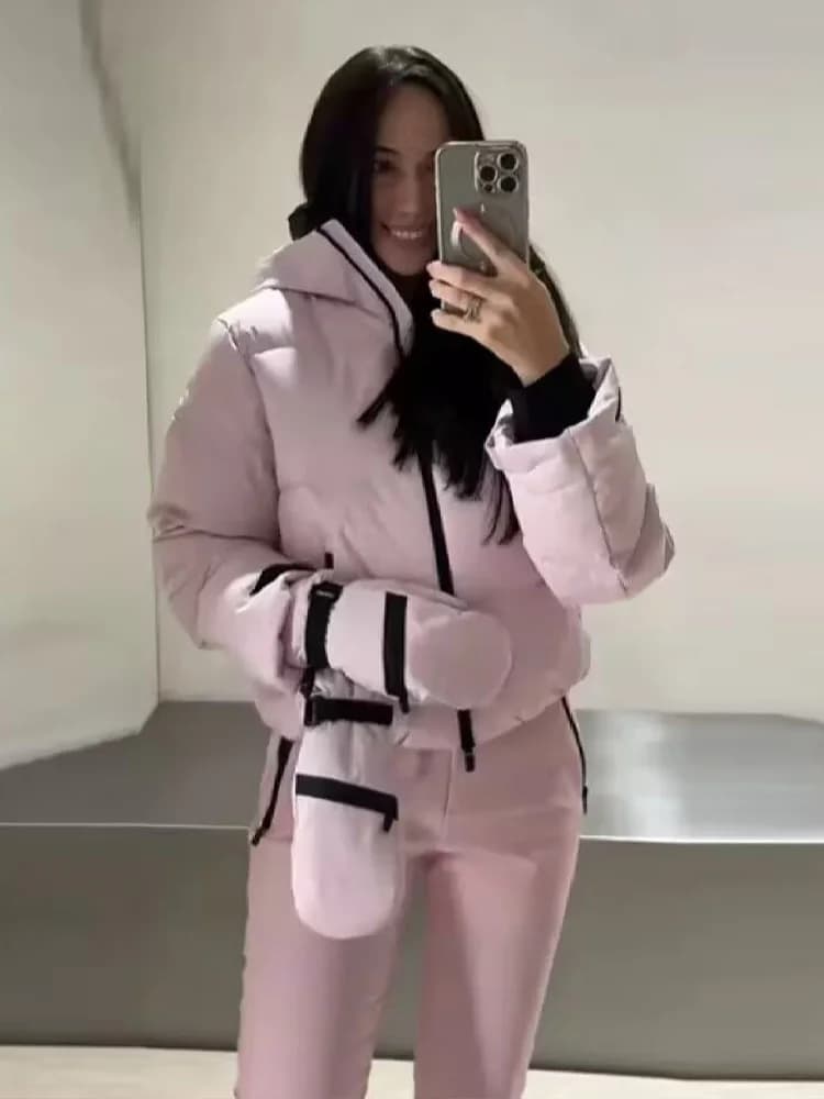 HH femmes mode poche fermeture éclair manches longues à capuche ski coton rembourré cordon veste + t