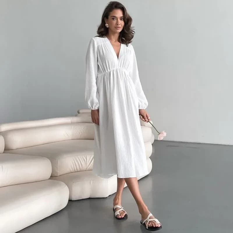 Robes élégantes en mousseline de coton pour femmes, manches longues, col en V, décontracté, fête, va