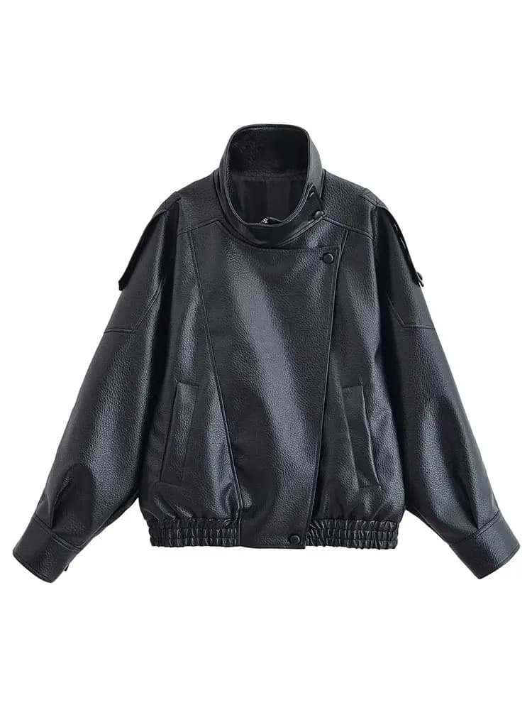 HH automne veste en simili cuir pour femmes décontracté solide fermeture éclair manches longues en c