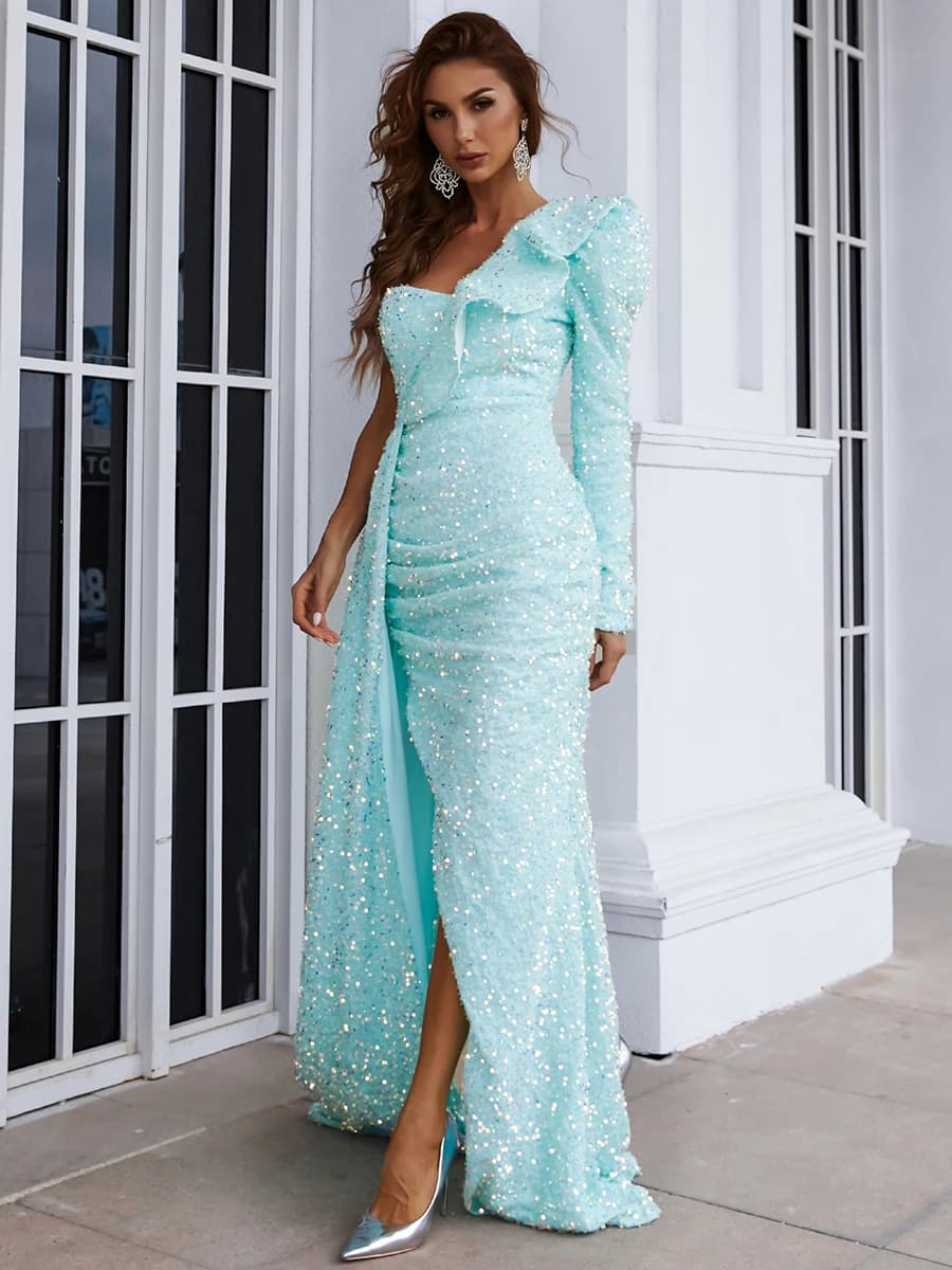 Robe de soirée Missord bleu clair à sequins pour femme, asymétrique à une épaule, manches longues, v