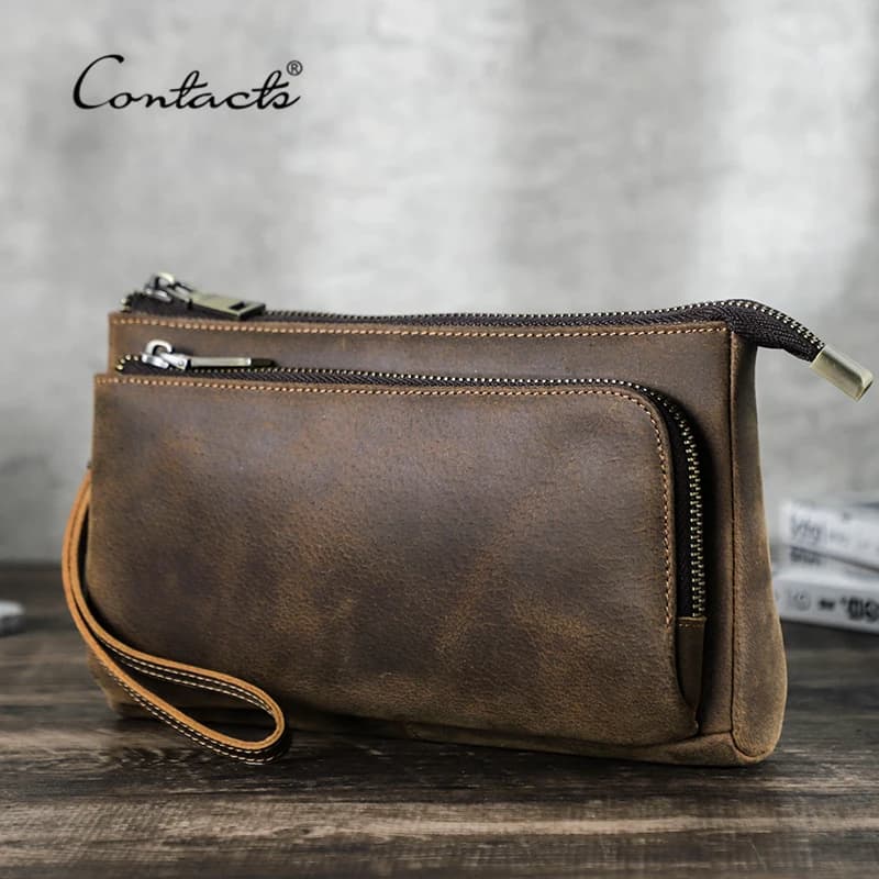CONTACT'S Pochette Homme en Cuir Véritable, Sac à Main Design, Portefeuille Long, Sac de Voyage pour